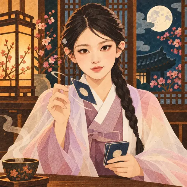 사주 읽는 사람이 풀이 카드를 펼쳐 들고 있는 그림